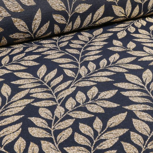 Tissu Jacquard Feuilles des bois sur fond Bleu marine