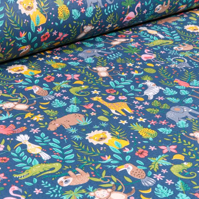 Tissu Coton sergé Arty Happy Jungle sur fond Bleu marine