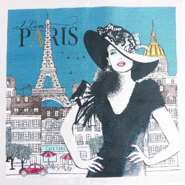 Panneau carré jacquard 48x48cm Madame Paris sur fond Bleu