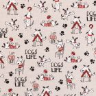 Tissu Toile Coton Aspect Lin Dogs Life noir, blanc et rouge sur fond Beige - Par 10 cm