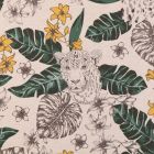 Tissu Toile Coton Aspect Lin Panthère et motifs tropicaux noirs, verts et jaunes sur fond Beige - Par 10 cm