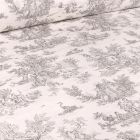 Tissu Coton imprimé grande largeur Jouy anthracite sur fond Blanc cassé