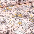 Tissu Toile de Coton Fleurs noires blanches et dorées sur fond Rose pâle