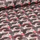 Tissu Jacquard Eventails rouge sur fond Noir