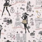 Tissu Coton Enduit Moi Paris Noir, doré et rose sur fond Ecru - Par 10 cm
