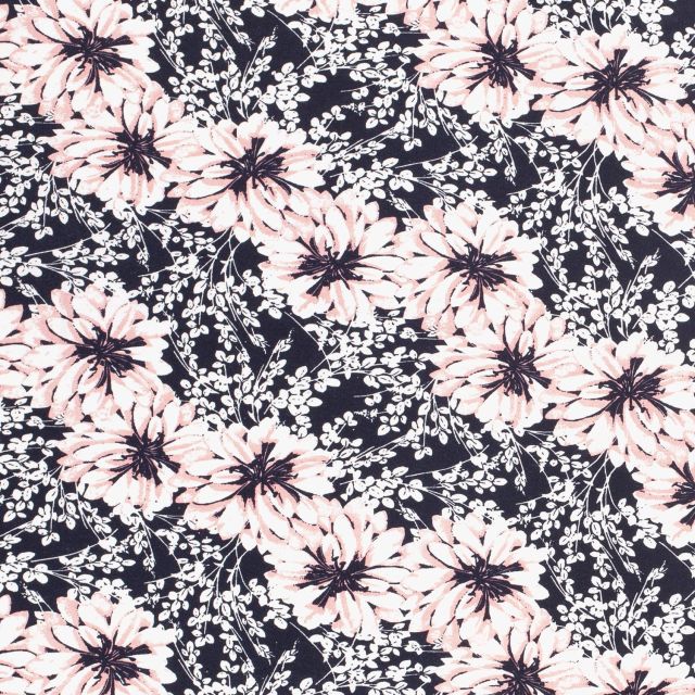 Tissu Jersey Viscose  Champ de marguerites rose et blanc sur fond Noir - Par 10 cm