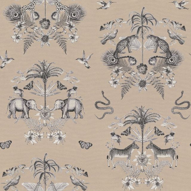 Tissu Jacquard Double face Premium Animaux de la jungle et feuilles sur fond Beige - Par 10 cm