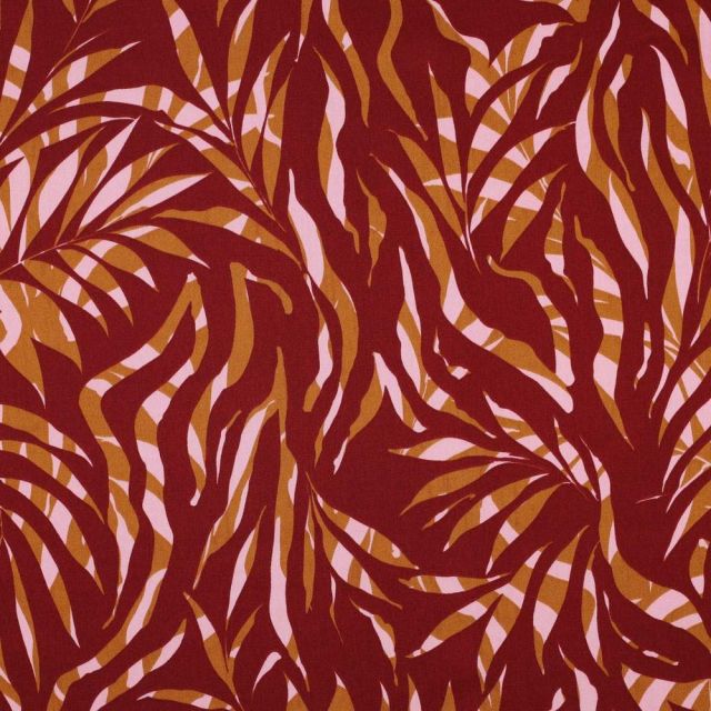 Tissu Coton Satin Tropical sur fond Rouge foncé