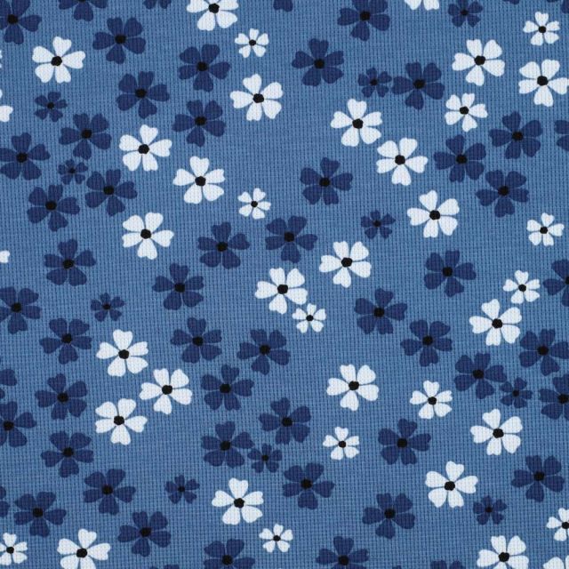 Tissu Jersey Nid d'abeille Petites fleurs sur fond Bleu