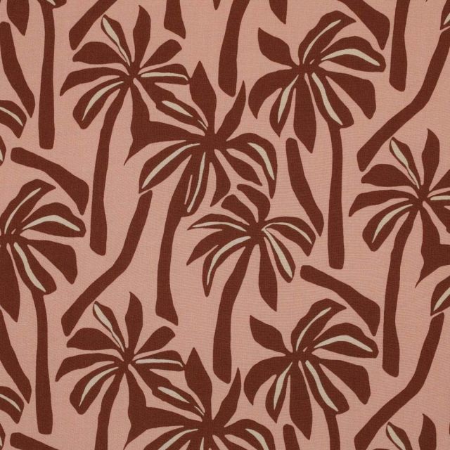 Tissu Viscose légère Palmier sur fond Rose corail