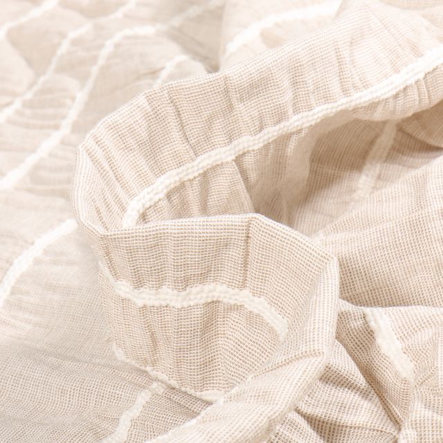 Tissu Voile de Coton smocké brodé uni Beige