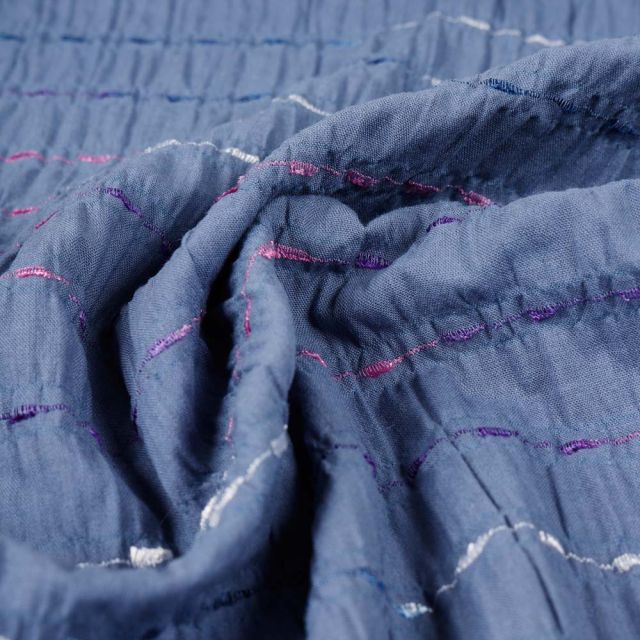 Tissu Plumetis Coton Smocké Bleu denim