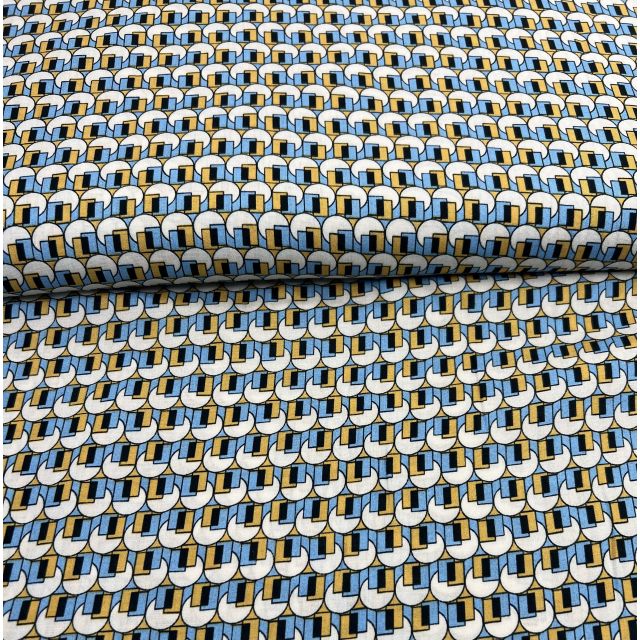 Tissu Viscose Formes Géo sur fond Bleu ciel