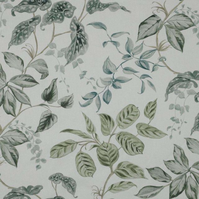 Tissu Toile de Coton Canvas Poppy Feuillage tons vert sur fond Blanc