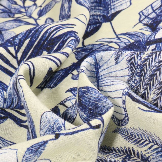 Tissu Viscose Lin Canopée bleu sur fond Blanc cassé