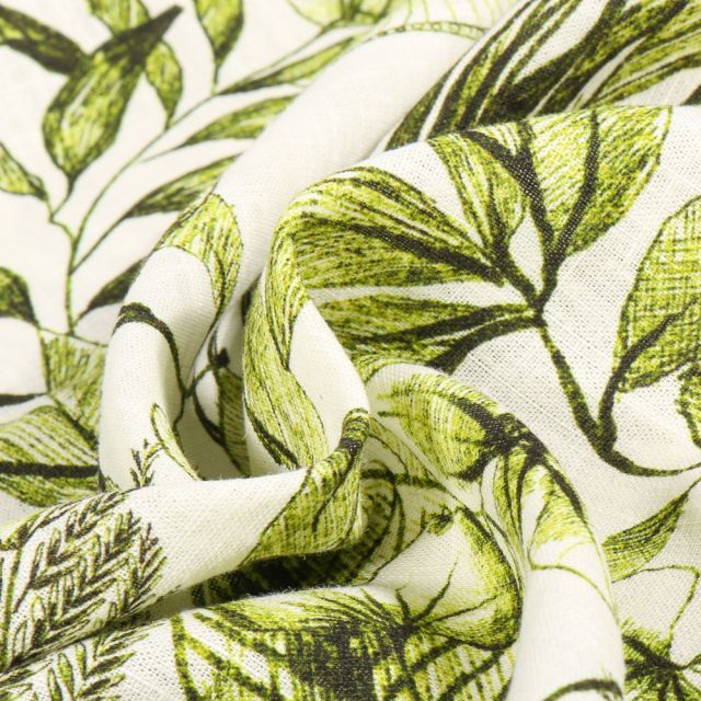 Tissu Viscose Lin Canopée vert sur fond Blanc cassé