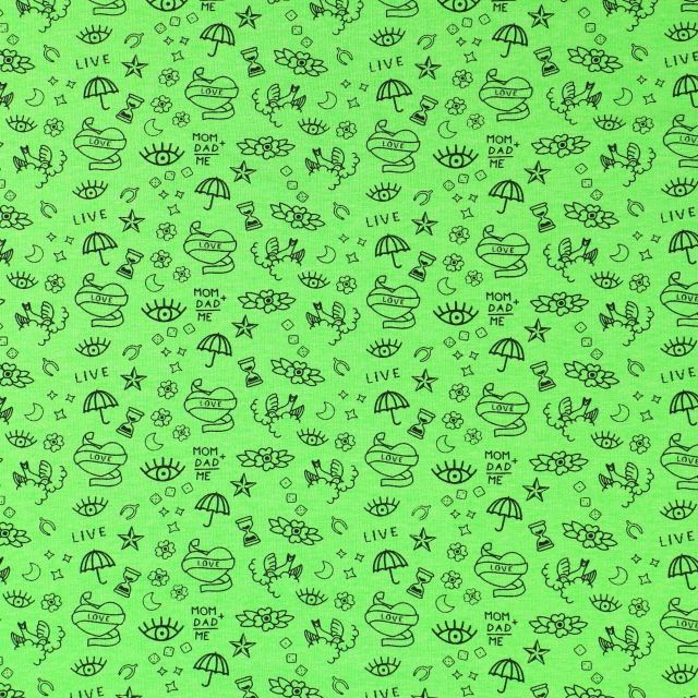 Tissu Jersey Coton imprimé Symboles Ado & RockN'Roll Noirs sur fond Vert fluo - Par 10 cm