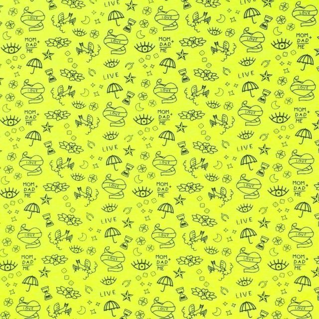 Tissu Jersey Coton imprimé Symboles Love&Live Noirs sur fond Jaune fluo - Par 10 cm