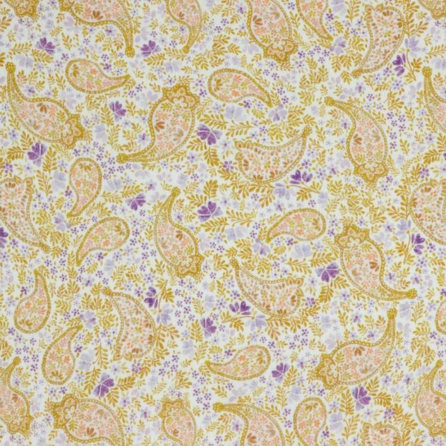 Tissu Popeline de Coton Paisley fleuris jaune sur fond Blanc