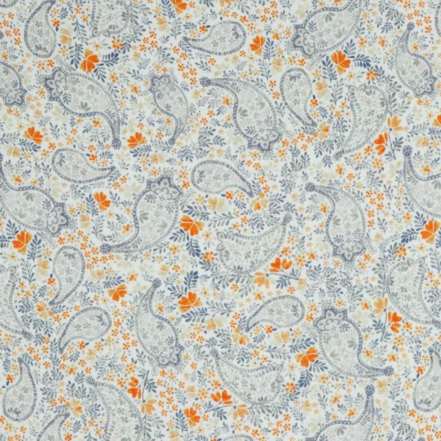 Tissu Popeline de Coton Paisley fleuris bleu sur fond Blanc cassé