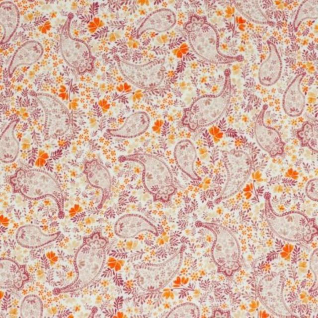 Tissu Popeline de Coton Paisley fleuris orange sur fond Blanc cassé