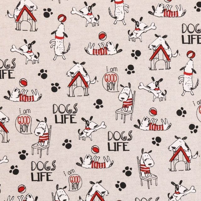 Tissu Toile Coton Aspect Lin Dogs Life noir, blanc et rouge sur fond Beige - Par 10 cm