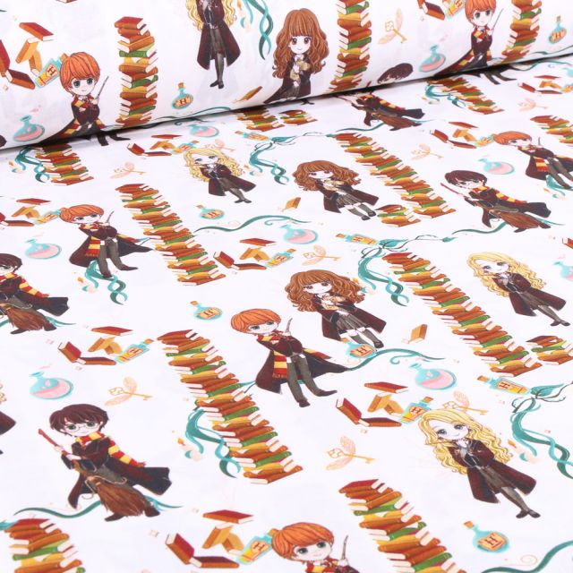 Tissu Coton imprimé sous licence Harry Potter Kawai Apprentissage sur fond Blanc