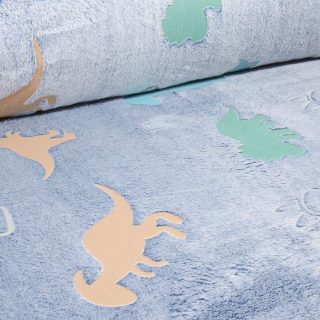 Tissu Doudou imprimé Dino sur fond Bleu