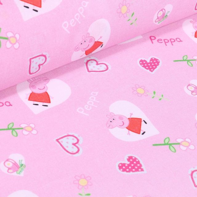 Tissu Coton imprimé sous licence Bio Peppa pig sur fond Rose - Par 10 cm