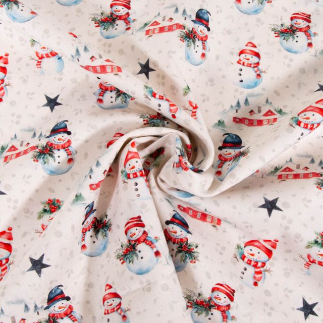 Tissu Coton imprimé Bonhomme de Noël sur fond Ecru