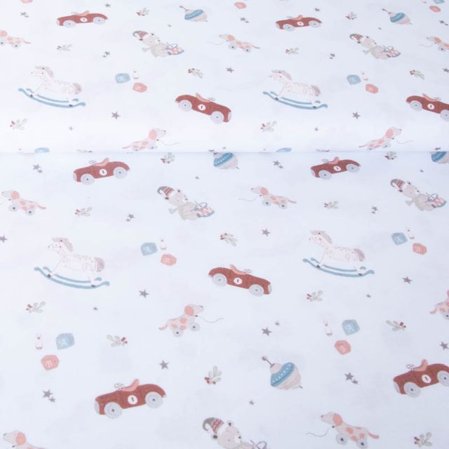 Tissu Coton imprimé Petites jouets sur fond Bleu ciel - Par 10 cm