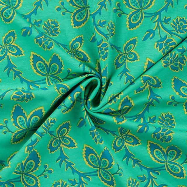 Tissu Jersey Coton imprimé Floral sur fond Vert