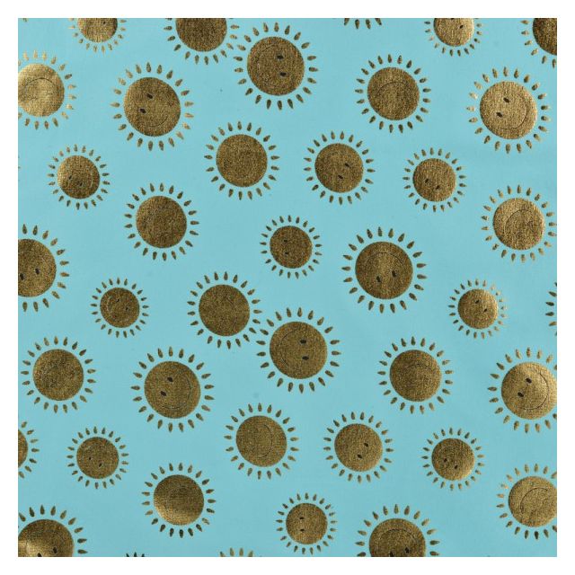 Tissu Jersey Coton Soleils dorés sur fond Bleu turquoise