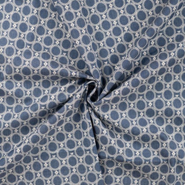 Tissu Chambray Coton Cercles sur fond Bleu jean