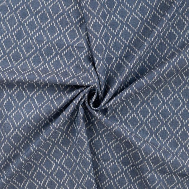 Tissu Chambray Coton Carreaux imprimés sur fond Bleu jean