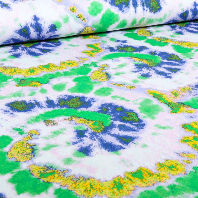 Tissu Jersey Coton  Tourbi Tye and dye vert sur fond Blanc