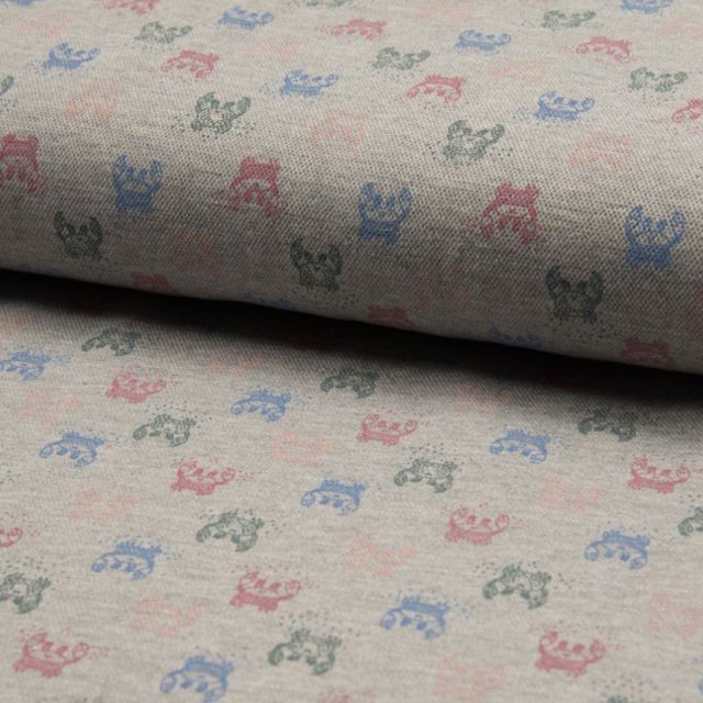 Tissu Jersey Piqué de coton spécial Polo Crabes Multicouleurs sur fond Gris clair - Par 10 cm