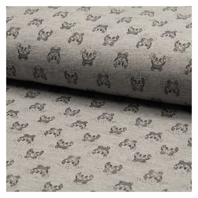 Tissu Jersey Piqué de coton spécial Polo Crabes Noir sur fond Gris clair - Par 10 cm