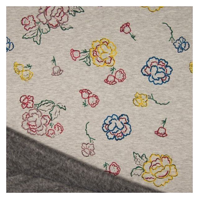 Tissu Sweat envers Minky Fleurs Jaune, Rouge et Bleu sur fond Gris clair chiné - Par 10 cm