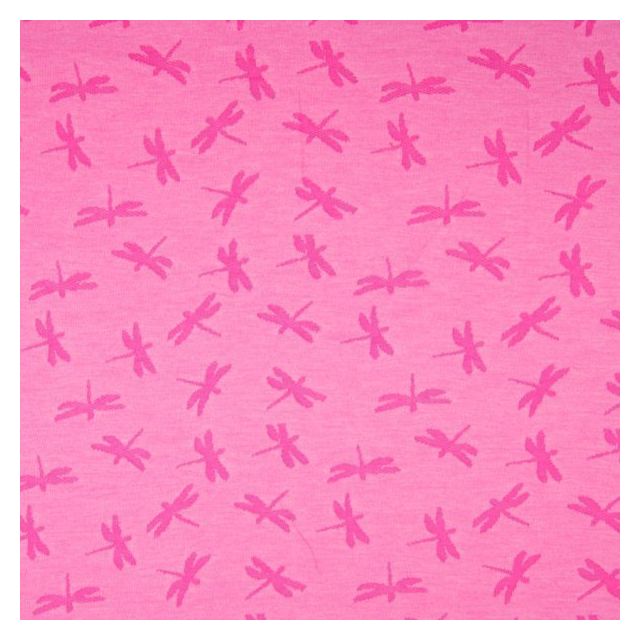 Tissu Jersey Jacquard  Libellules rose fuchsia sur fond Rose - Par 10 cm