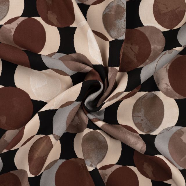 Tissu Satin Viscose Funny pois marron et beige sur fond Noir