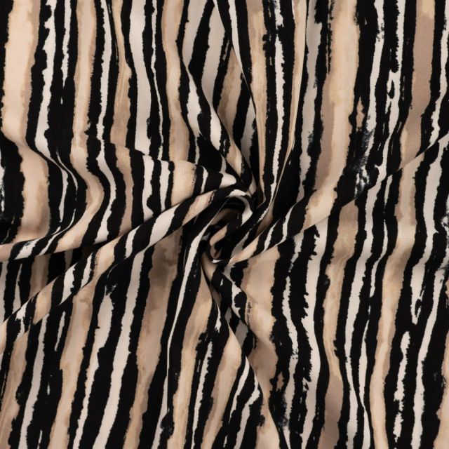 Tissu Viscose Chally Rayé beige sur fond Noir