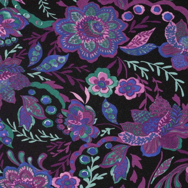 Tissu Jersey Viscose imprimé Fleuris violet sur fond Noir