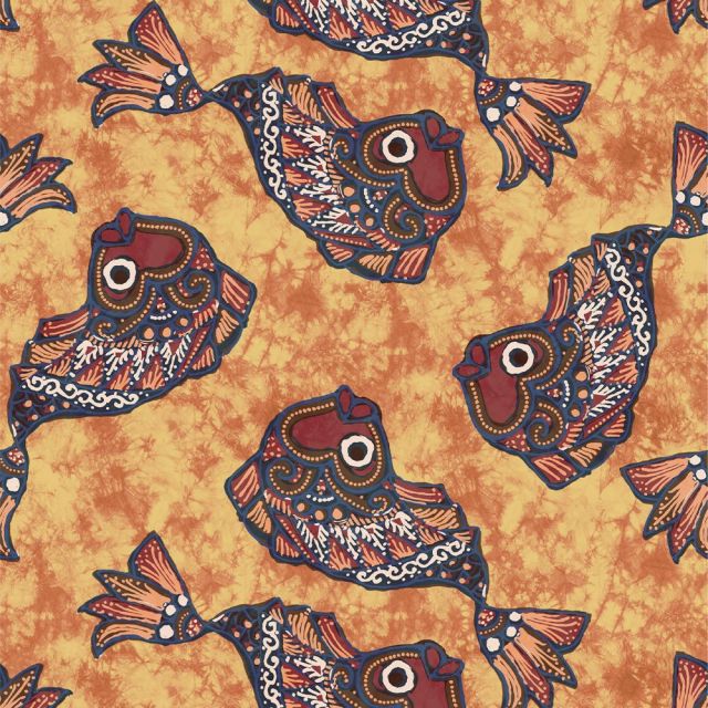 Tissu Voile de Coton Batik Poisson marine sur fond Orange