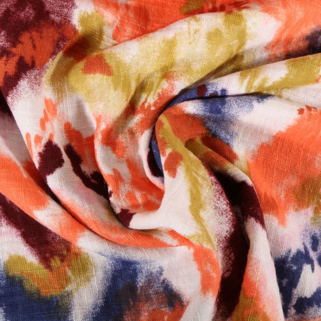 Tissu Double gaze Wave Orange sur fond Blanc