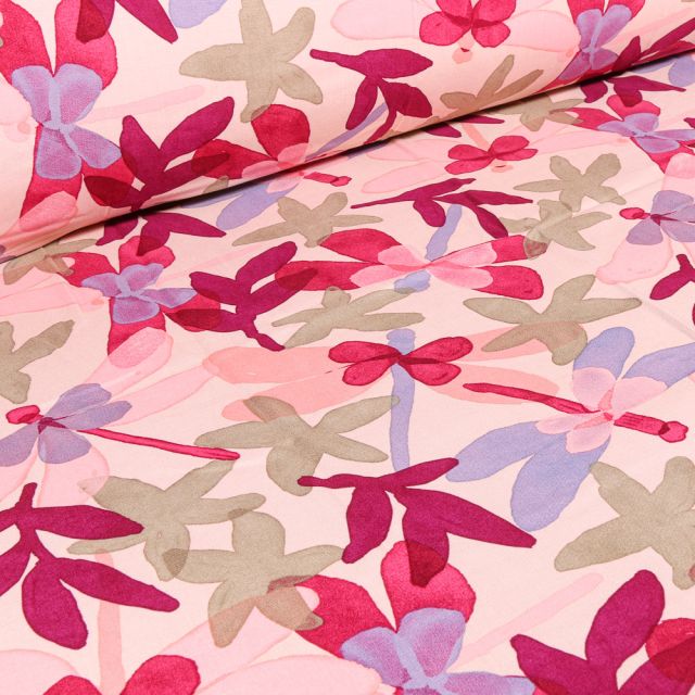 Tissu Viscose Craftine Aquarelle Jardin secret sur fond Rose pâle