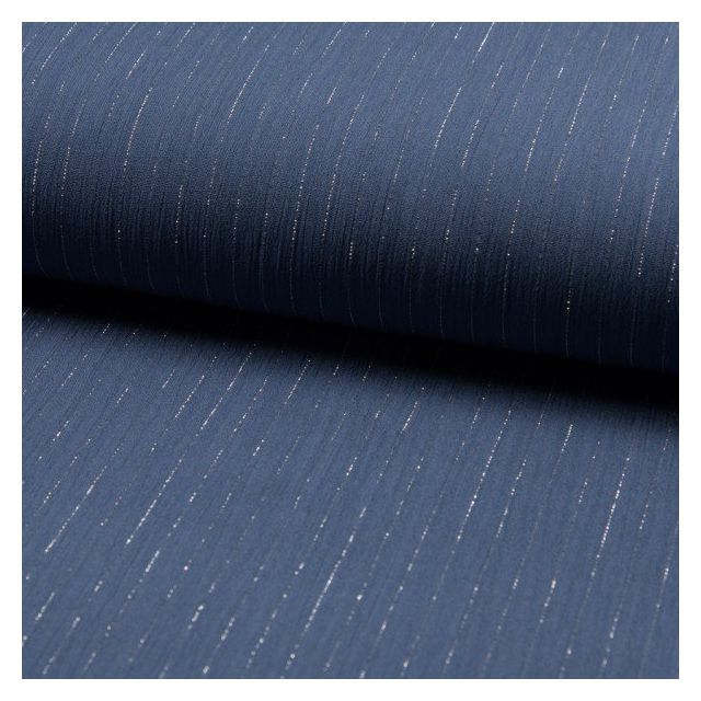 Tissu Crépon Viscose rayures lurex Bleu denim - Par 10 cm