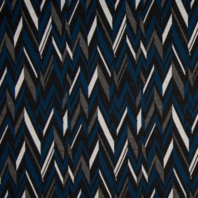 Tissu Maille Jacquard Motifs Géométriques sur fond Gris, Bleu pétrole et noir - Par 10 cm