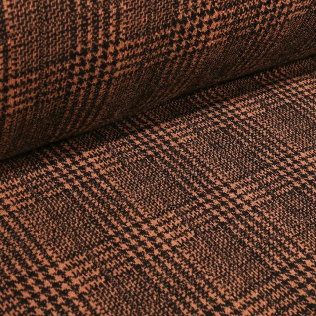 Tissu Jacquard polyviscose extensible Écossais pied de poule sur fond Marron - Par 10 cm