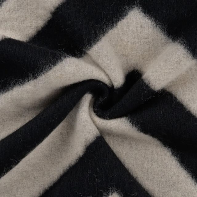 Tissu Laine mélangé Zigzag blanc sur fond Noir